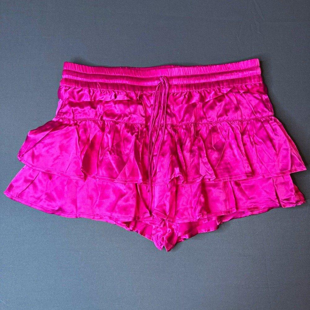 SHUG! Lala Skirt Women's M Pink Silk Satin Skort Ruffle Drawstring Waist